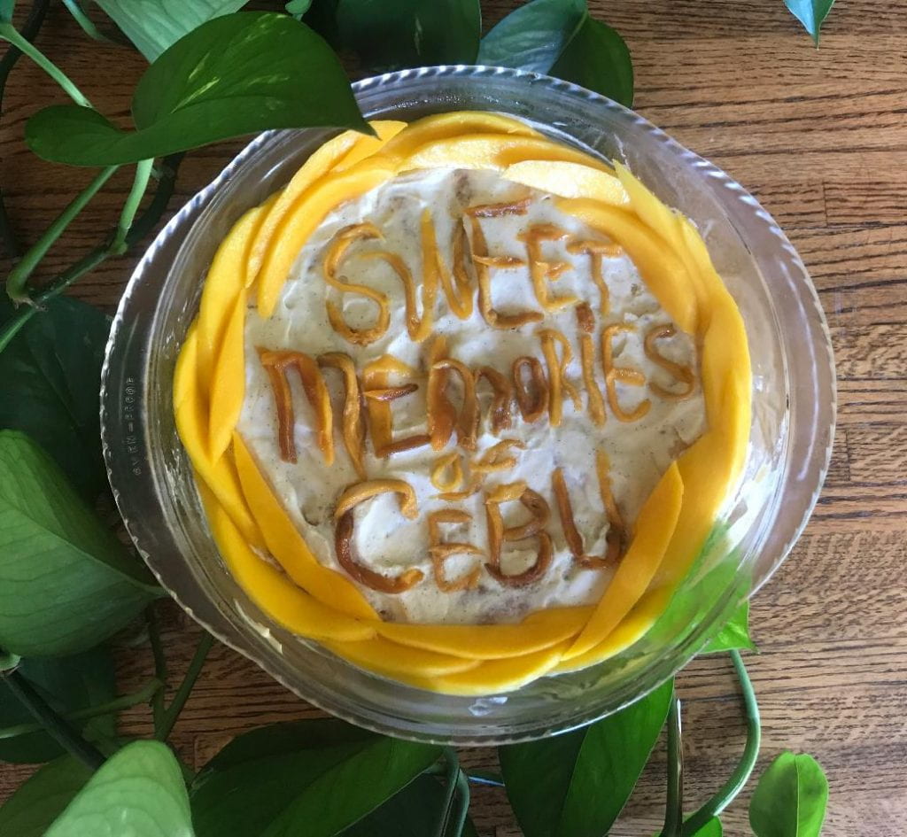 A dissertation tiramisu for Dr. Pizarro-Guevara, prepared by Margaret Kroll and Steven Foley. In particular, a mango tiramisu inspired by the slogan of the Philippine-brand mangos Jed champions, "Sweet Memories of Cebu".